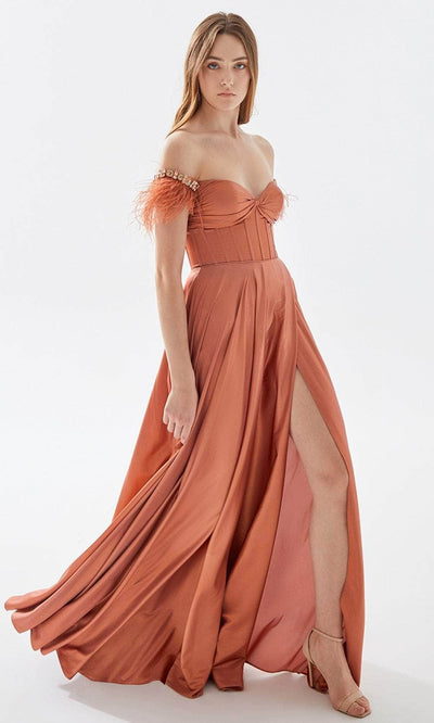 Tarik Ediz 52034 - Feathered Off-Shoulder Prom Dress Prom Dresses