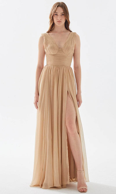 Tarik Ediz 52040 - Pleated V-Neck Prom Dress Prom Dresses 00 / Gold