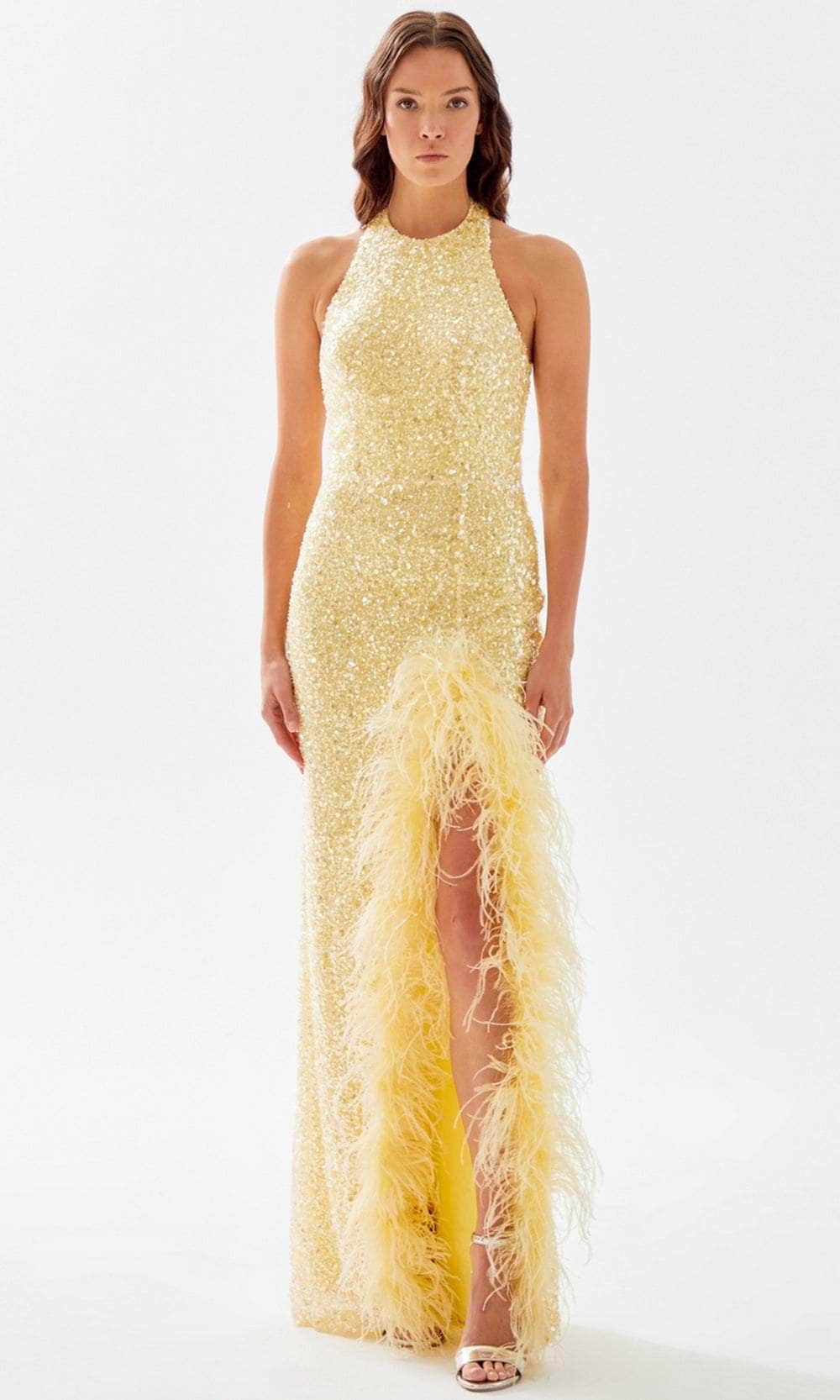 Tarik Ediz 52047 - Sequined Halter Prom Dress Prom Dresses 00 / Yellow