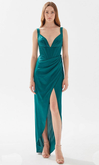 Tarik Ediz 52052 - Pleated Deep V-Neck Prom Gown Prom Dresses 00 / Emerald