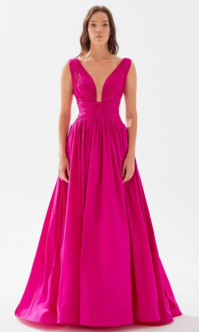 Tarik Ediz 52062 - Ruched Provocative Taffeta Gown Prom Dresses 00 / Fuchsia