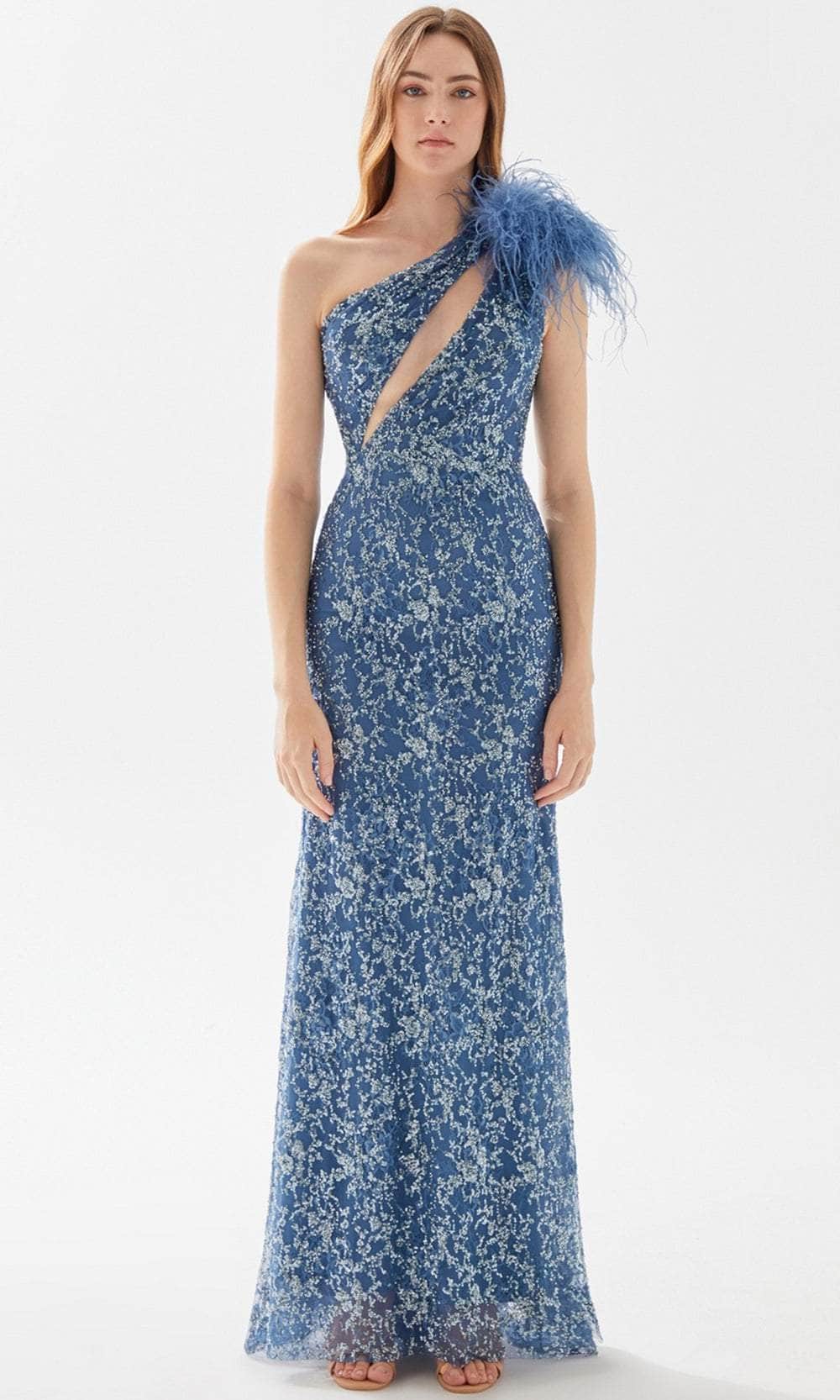 Tarik Ediz 52080 - Laced Asymmetric Prom Dress Prom Dresses 00 / Bijou Blue