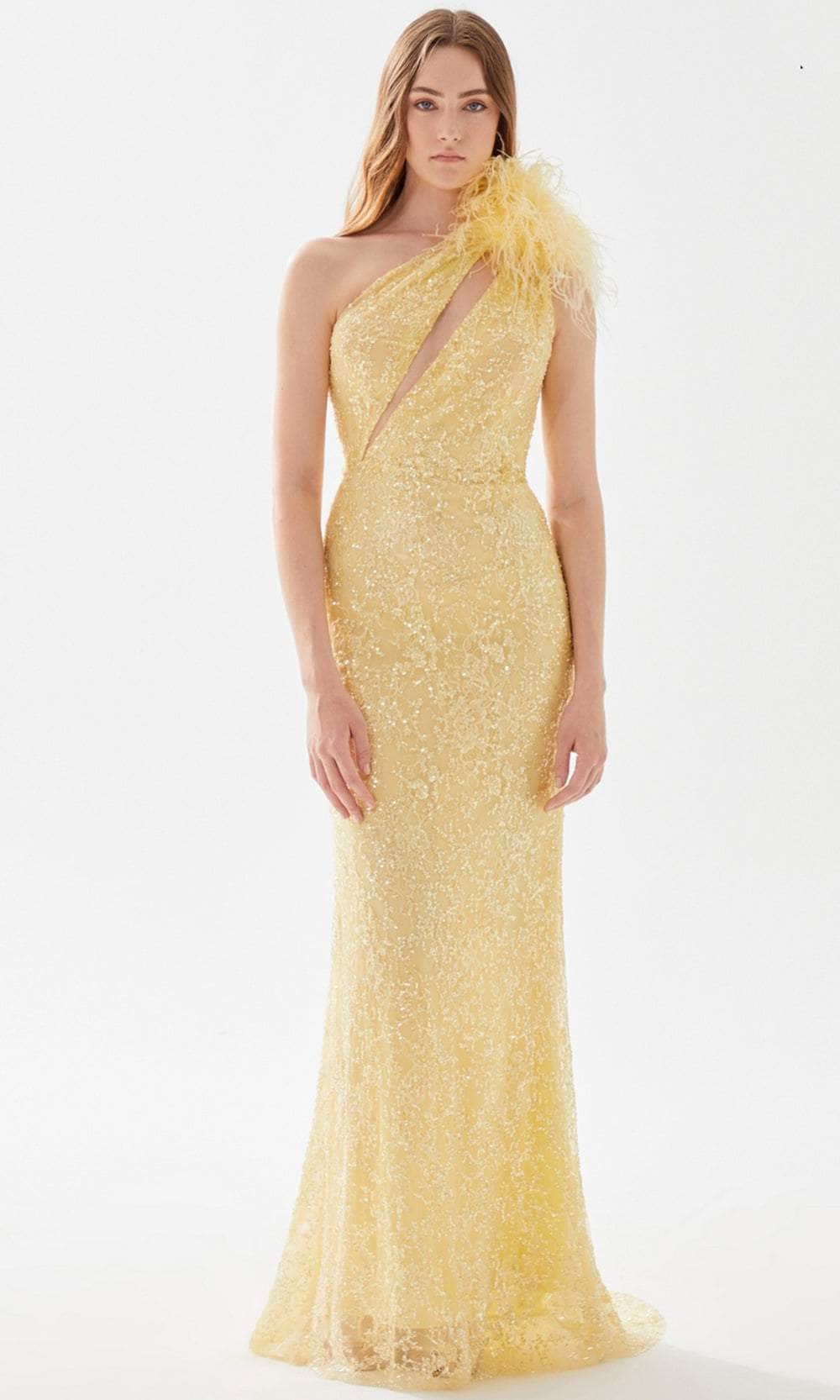 Tarik Ediz 52080 - Laced Asymmetric Prom Dress Prom Dresses 00 / Yellow