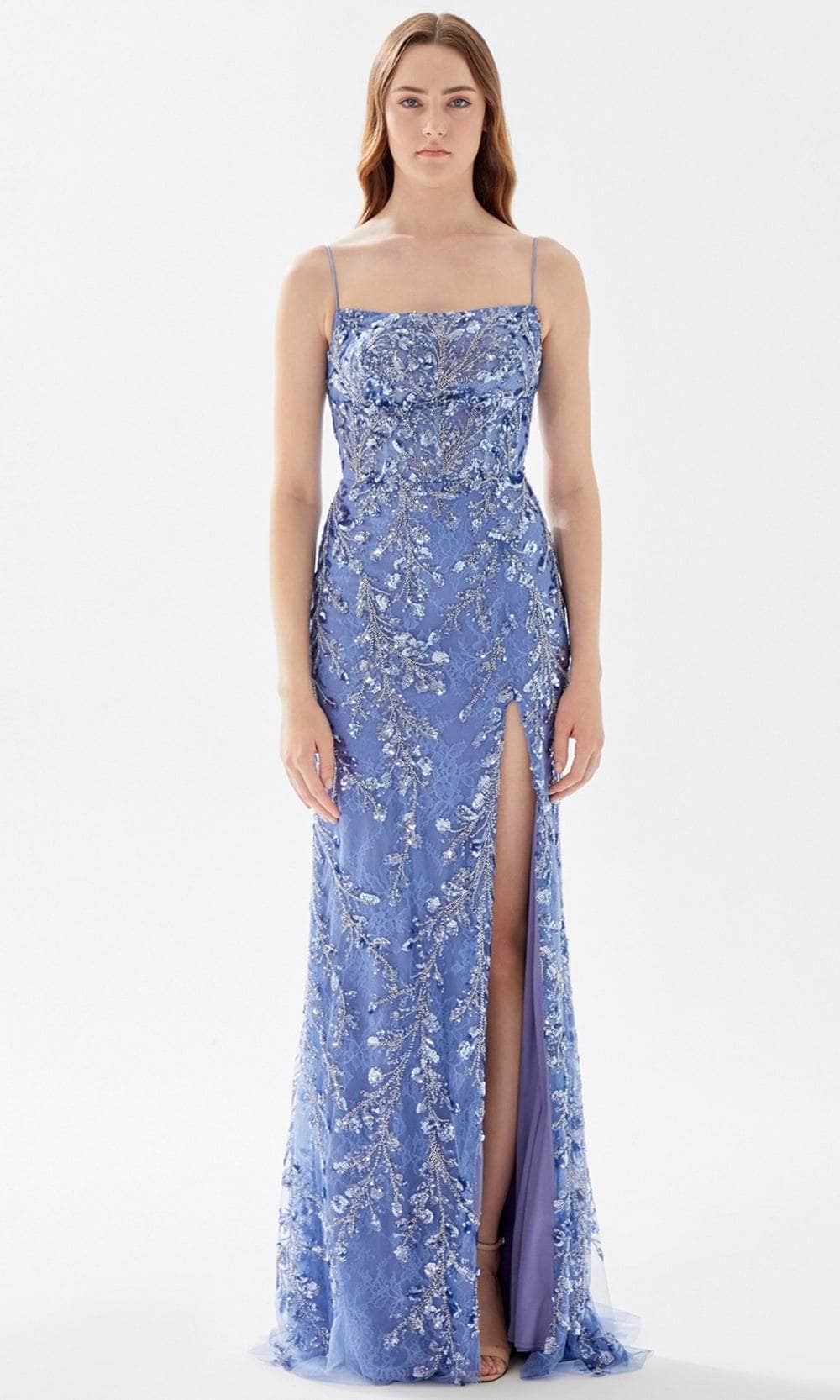 Tarik Ediz 52106 - Straight-Across Beaded Lace Prom Gown Prom Dresses 00 / Bijou Blue