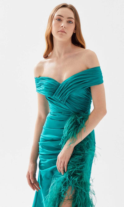 Tarik Ediz 52112 - Ruched and Feathered Evening Gown Evening Dresses