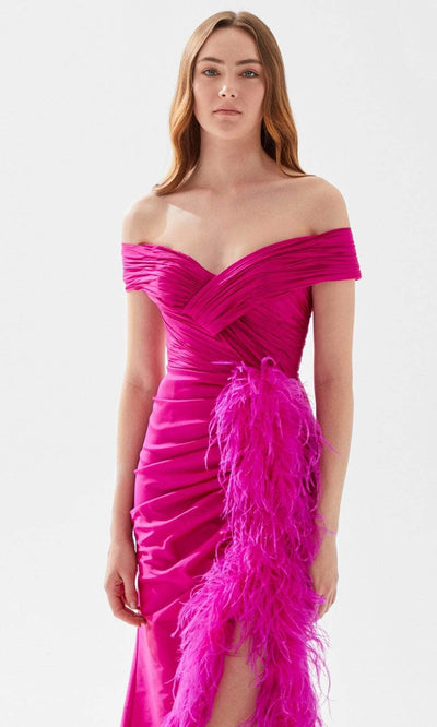 Tarik Ediz 52112 - Ruched and Feathered Evening Gown Evening Dresses