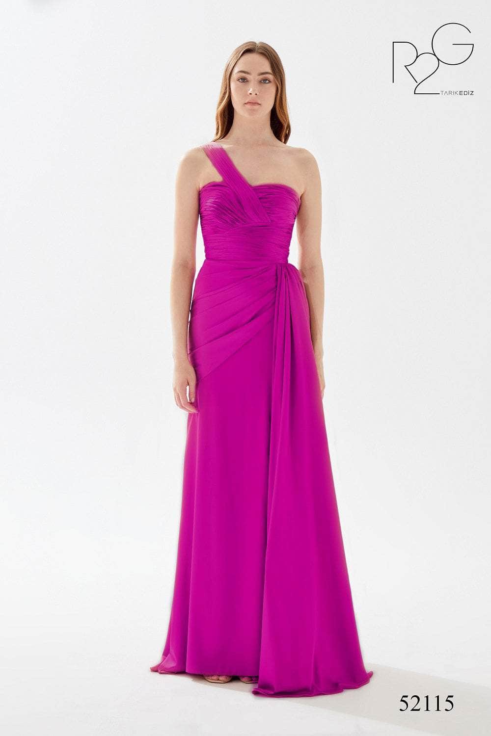 Tarik Ediz 52115 - One Shoulder Strap Ruched Dress Prom Dresses 0 / Fuchsia