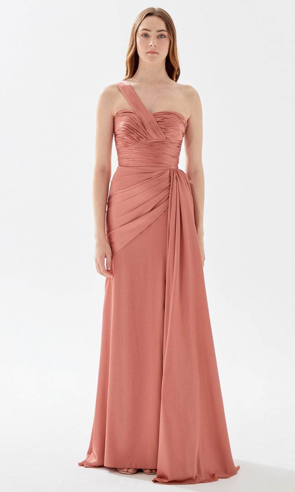 Tarik Ediz 52115 - One Shoulder Strap Ruched Dress Prom Dresses 00 / Sunset