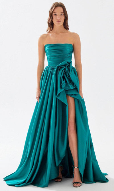 Tarik Ediz 52118 - Rosette Detailed A-Line Prom Dress Prom Dresses 00 / Emerald