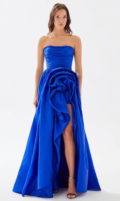 Tarik Ediz 52118 - Rosette Detailed A-Line Prom Dress Prom Dresses 00 / Royal Blue