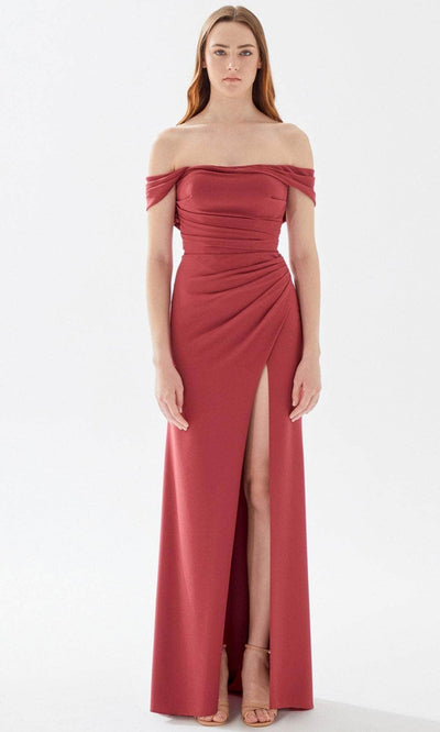 Tarik Ediz 52121 - Draped Off Shoulder Prom Dress Prom Dresses 00 / Earth Red
