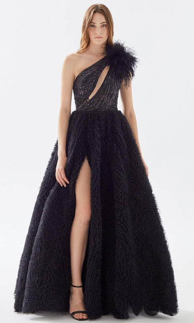 Tarik Ediz 52139 - Feathered Shoulder Ruffled Ballgown Ball Gowns 00 / Black