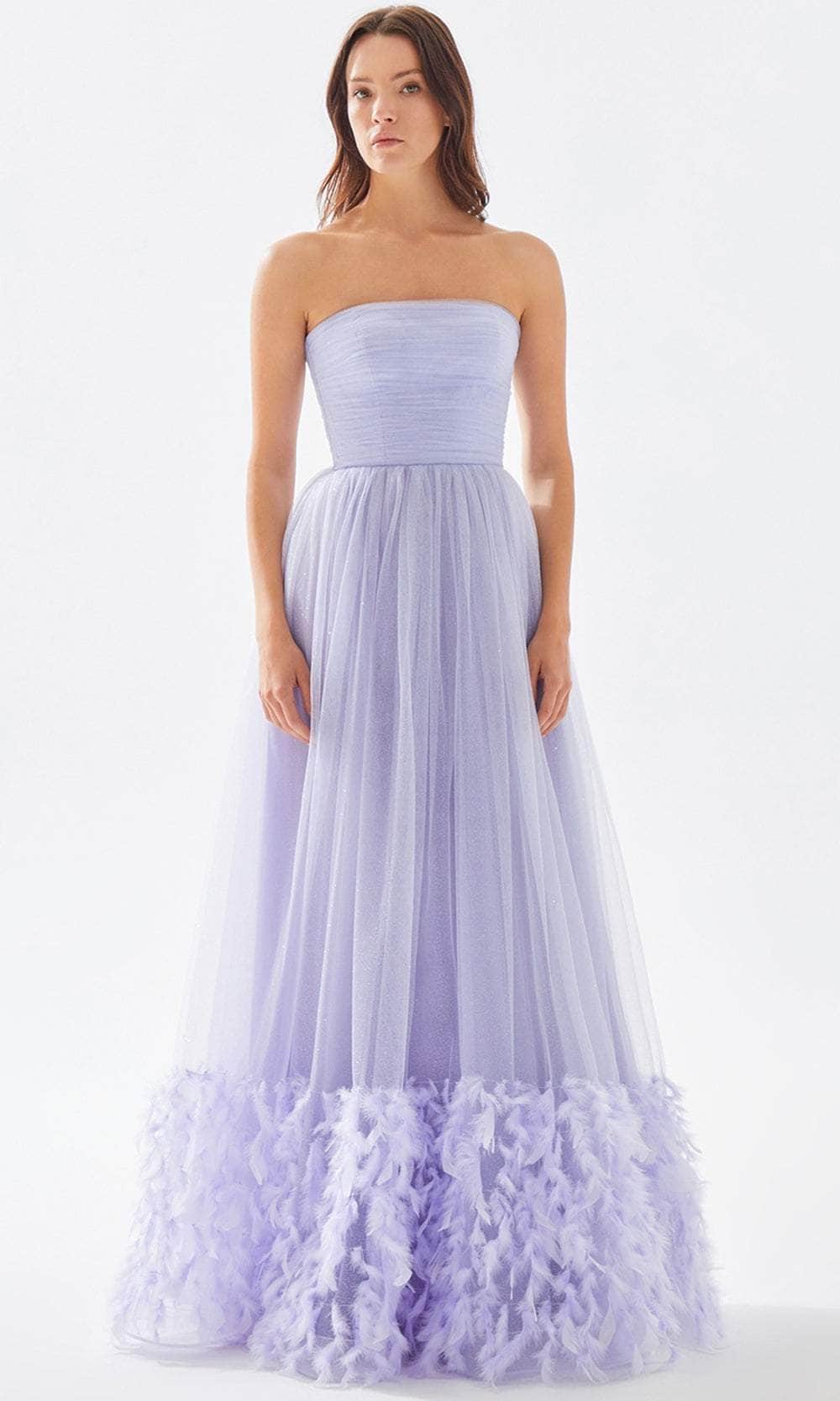 Tarik Ediz 52140 - Ruched Strapless Feathered Prom Gown Prom Dresses 00 / Lilac