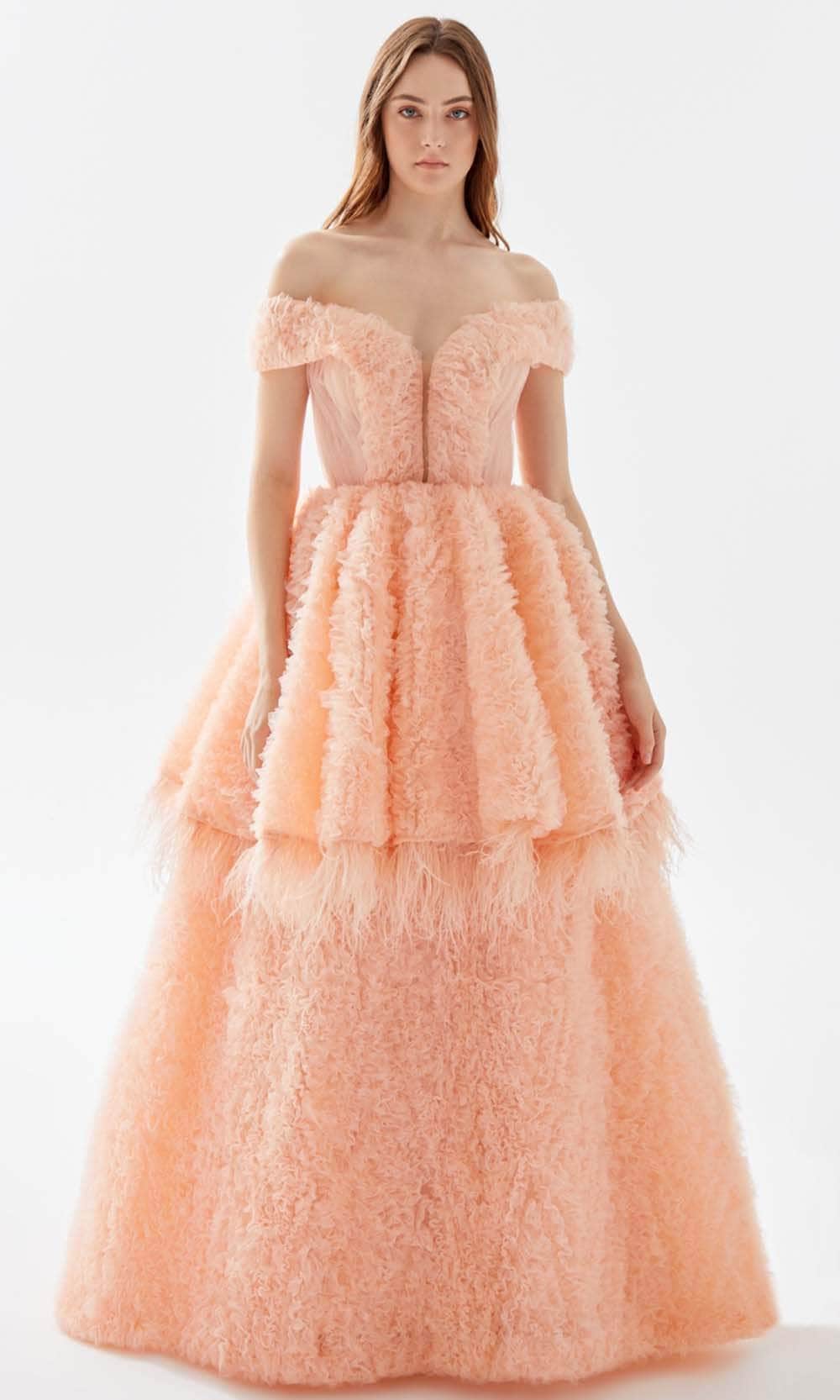 Tarik Ediz 52141 - Tiered Ruffle-Detailed Gown Special Occasion Dress 00 / Salmon