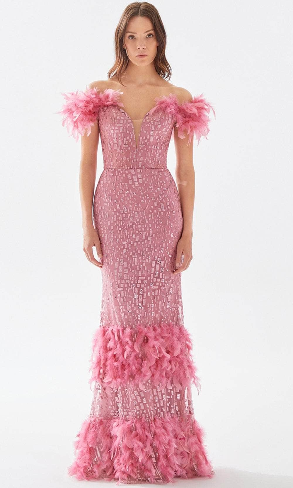 Tarik Ediz 52144 - Feathered Off Shoulder Prom Gown Evening Dresses 00 / Pink