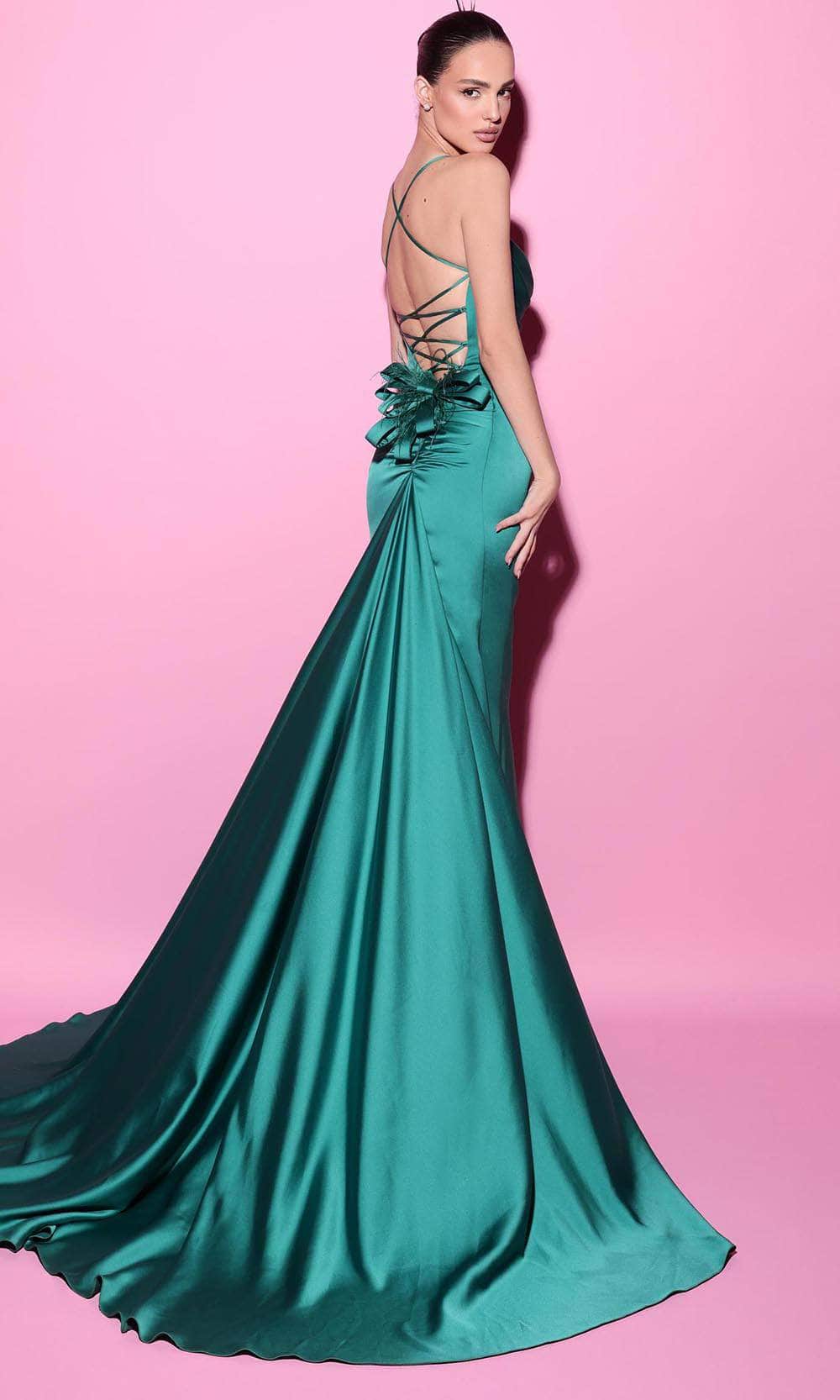 Tarik Ediz 54014 - Long Satin Sheath Dress - Spaghetti Strap, Ruched, Sleeveless, Open Lace-Up Back, Bow and Feathers Accent, Sweep Train, Back Godet ADASA Tarik Ediz 54014 - Long Satin Sheath Dress - Spaghetti Strap, Ruched, Sleeveless, Open Lace-Up Back, Bow and Feathers Accent, Sweep Train, Back Godet ADASA