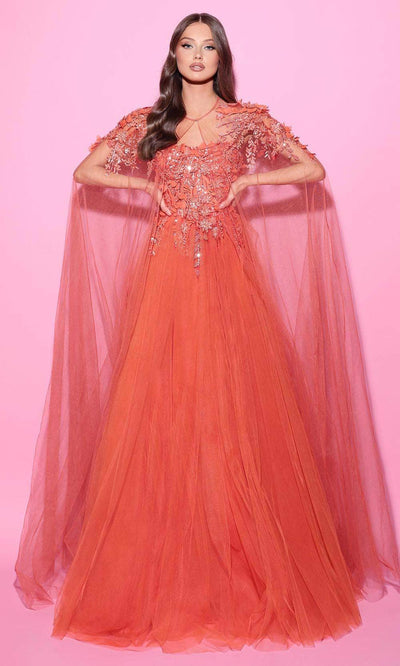 Tarik Ediz 54146 - Sweetheart Detachable Cape Evening Gown Prom Dresses 0 /  Sunset Orange