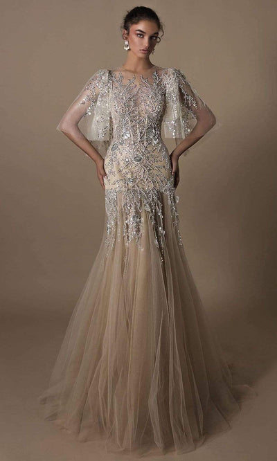 Tarik Ediz - 96021 Embroidered Tulle Trumpet Gown Evening Dresses 0 / Stone