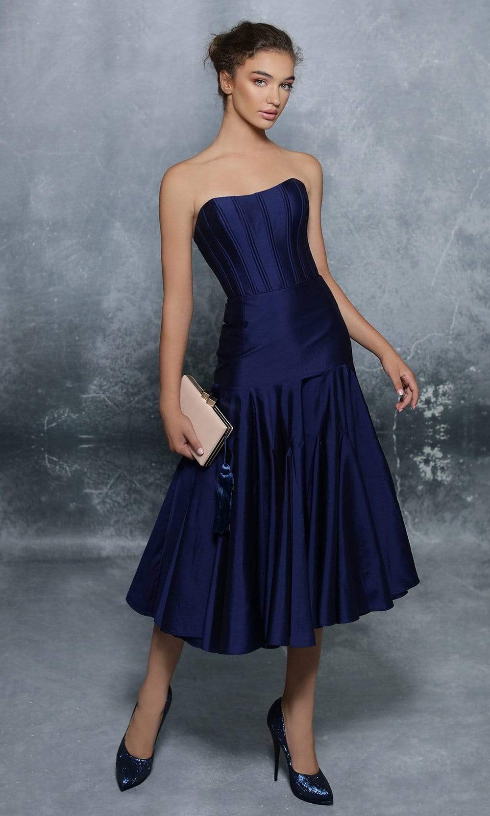 Tarik Ediz - 96123 Corset Bodice Fit and Flare Tea-Length Dress Homecoming Dresses 0 / Navy