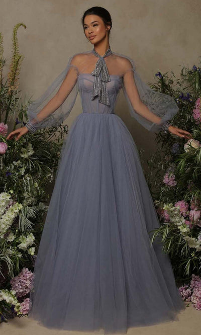 Tarik Ediz - 98007 See Through A-Line Tulle Gown Evening Dresses 0 / Lilac Blue