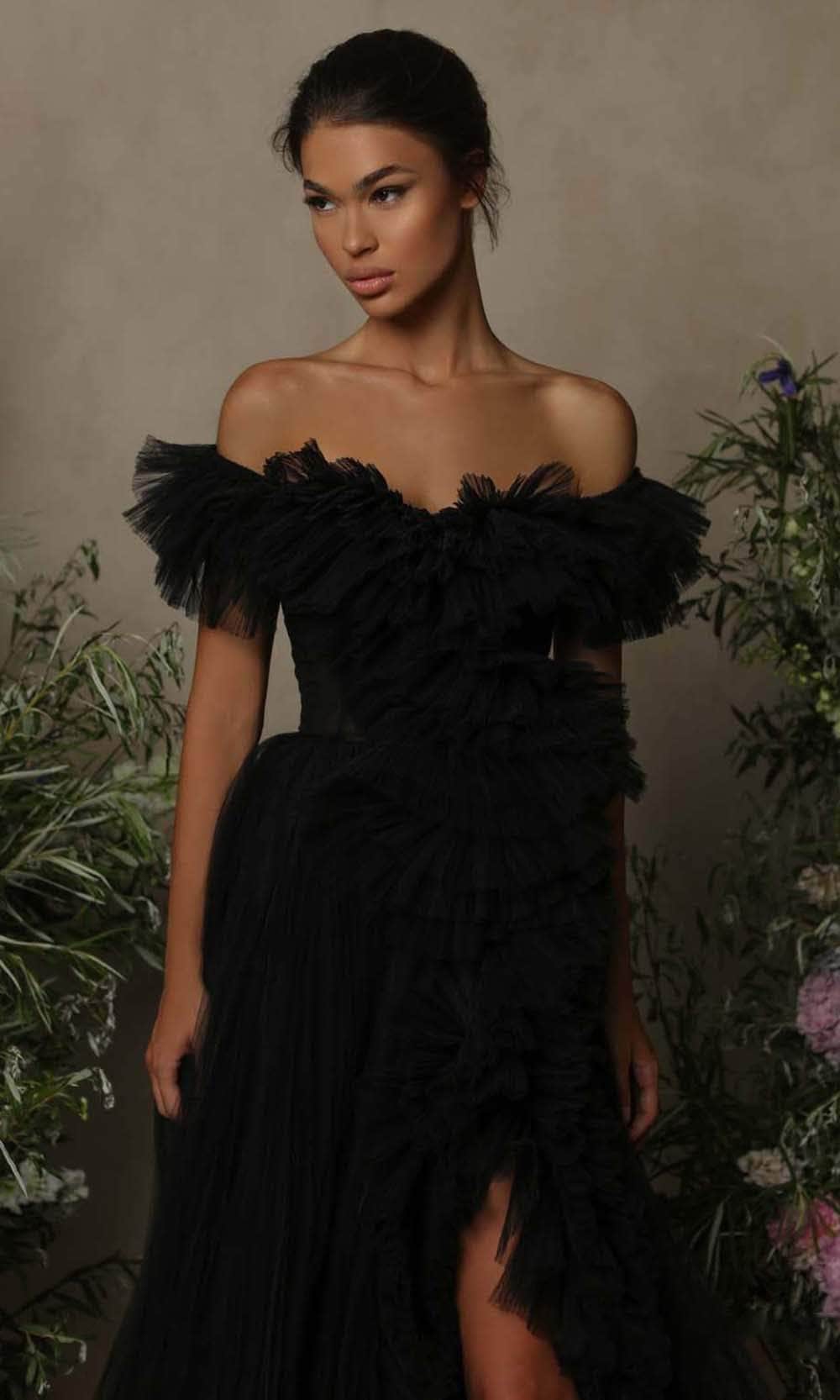Tarik Ediz - 98055 Tulle Ruffled Off-shoulder Long Gown - 1 pc Red In Size 6 Available CCSALE 6 / Red