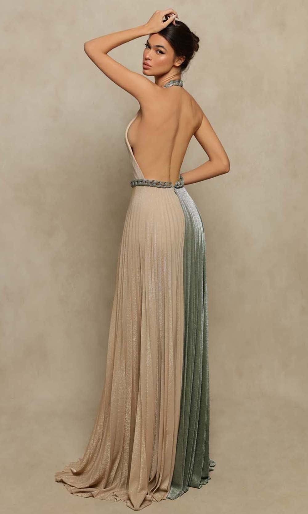 Tarik Ediz - 98065 Pleated Two Toned Bare Back Dress Evening Dresses