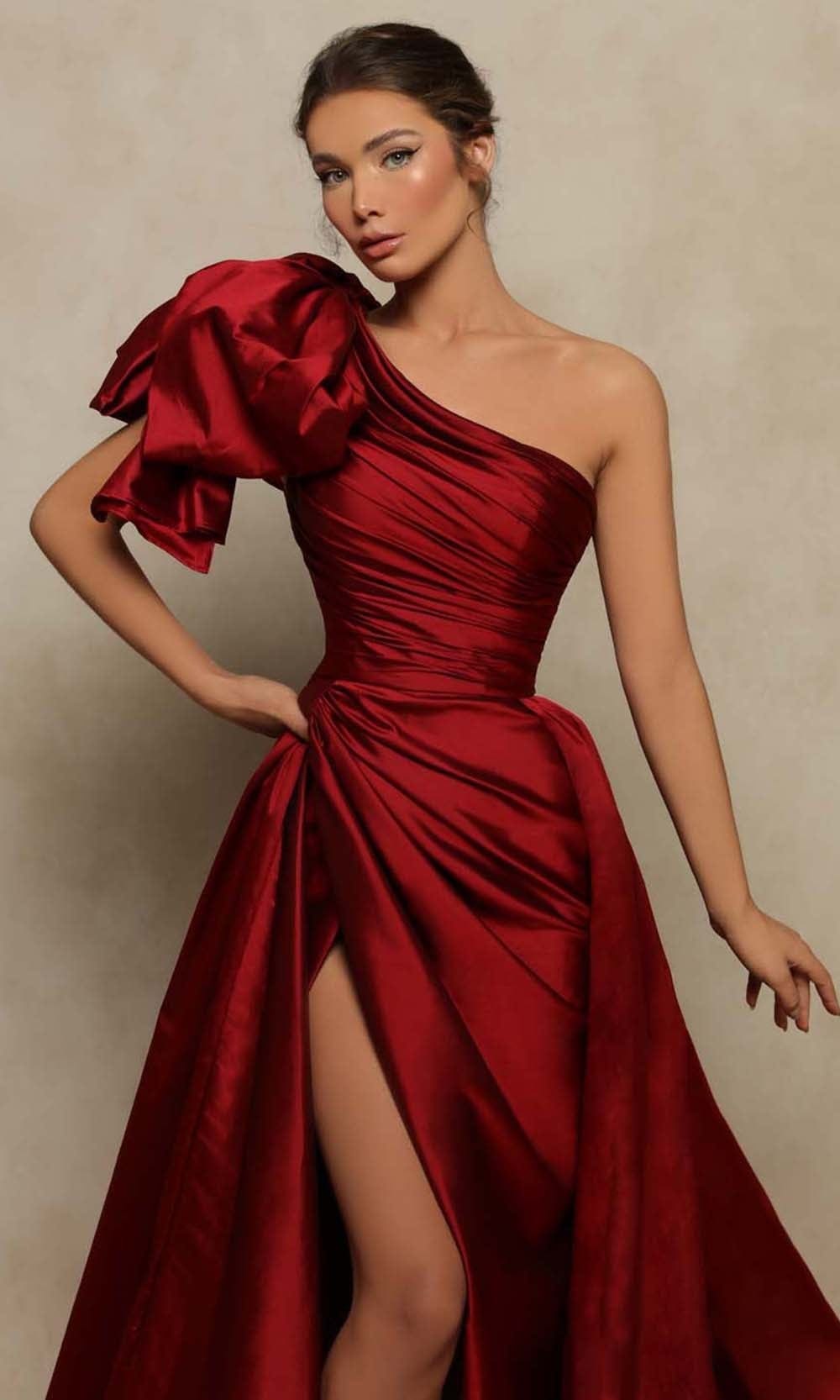 Tarik Ediz - 98100  Ruched Asymmetric Evening Gown