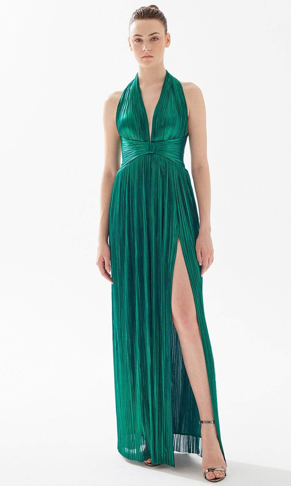 Tarik Ediz 98209 - Halter V Neck A-line Ruched Dress Prom Dresses 00 / Emerald