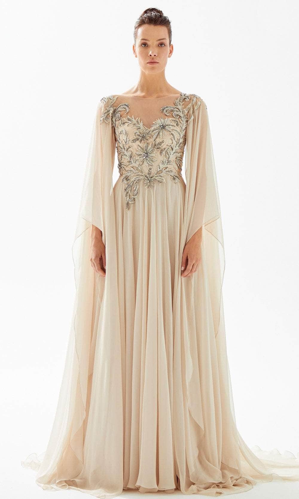 Tarik Ediz 98223 - Bateau Cascade Sleeve Evening Gown Evening Dresses 00 / Stone