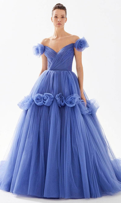 Tarik Ediz 98245 - Off-Shoulder Tulle Evening Gown Prom Dresses 00 / Bijou Blue