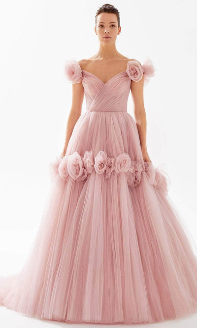 Tarik Ediz 98245 - Off-Shoulder Tulle Evening Gown Prom Dresses 00 / Special Pink