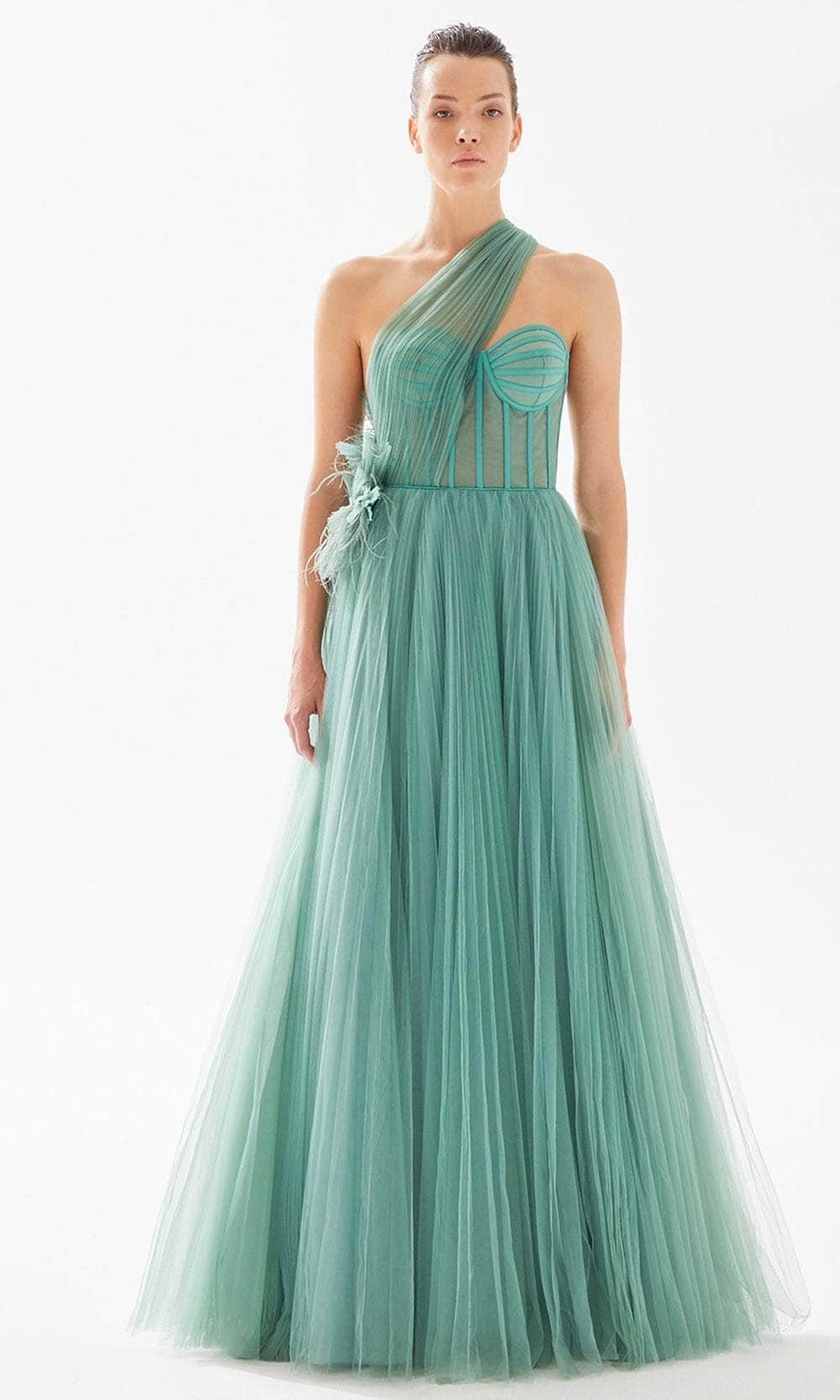 Tarik Ediz 98254 - Long Tulle A-Line Dress - Corset Bodice, Boning Details, Asymmetric Strap, Flower Accents, Floor-Length ADASA Tarik Ediz 98254 - Long Tulle A-Line Dress - Corset Bodice, Boning Details, Asymmetric Strap, Flower Accents, Floor-Length ADASA