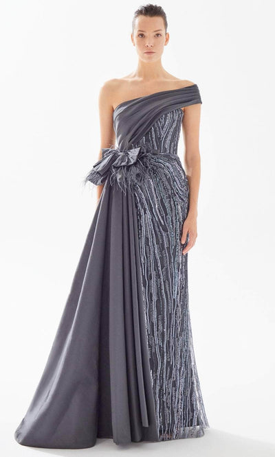 Tarik Ediz 98255 - Pleated Asymmetric Sheath Gown Evening Dresses 00 / Anthracite