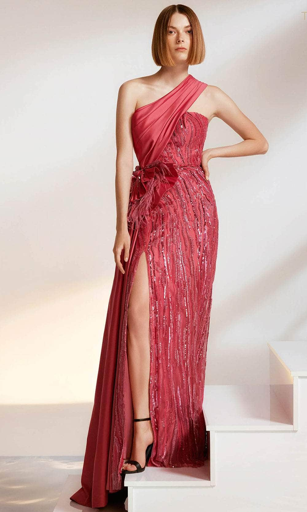 Tarik Ediz 98255 - Pleated Asymmetric Sheath Gown Evening Dresses