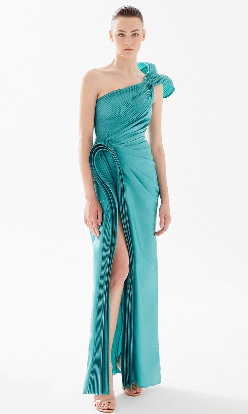Tarik Ediz 98260 - Long Taffeta Sheath Dress - Structured Bow, Pleated, High Slit, Full Length Hem ADASA Tarik Ediz 98260 - Long Taffeta Sheath Dress - Structured Bow, Pleated, High Slit, Full Length Hem ADASA