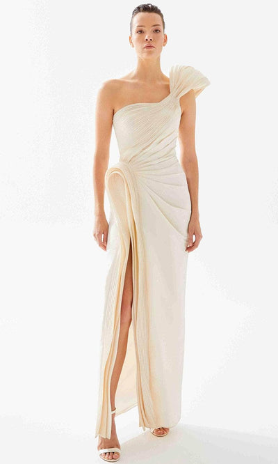 Tarik Ediz 98260 - Pleated One Shoulder Evening Dress Evening Dresses 00 / Vanilla