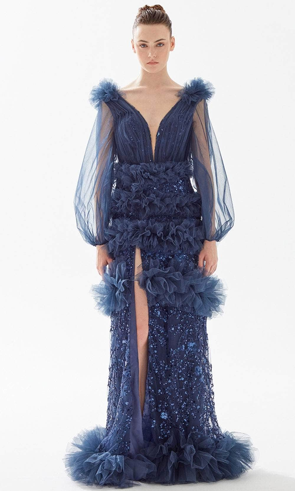 Tarik Ediz 98263 - Ruffled Tulle Evening Dress Evening Dresses 00 / Navy