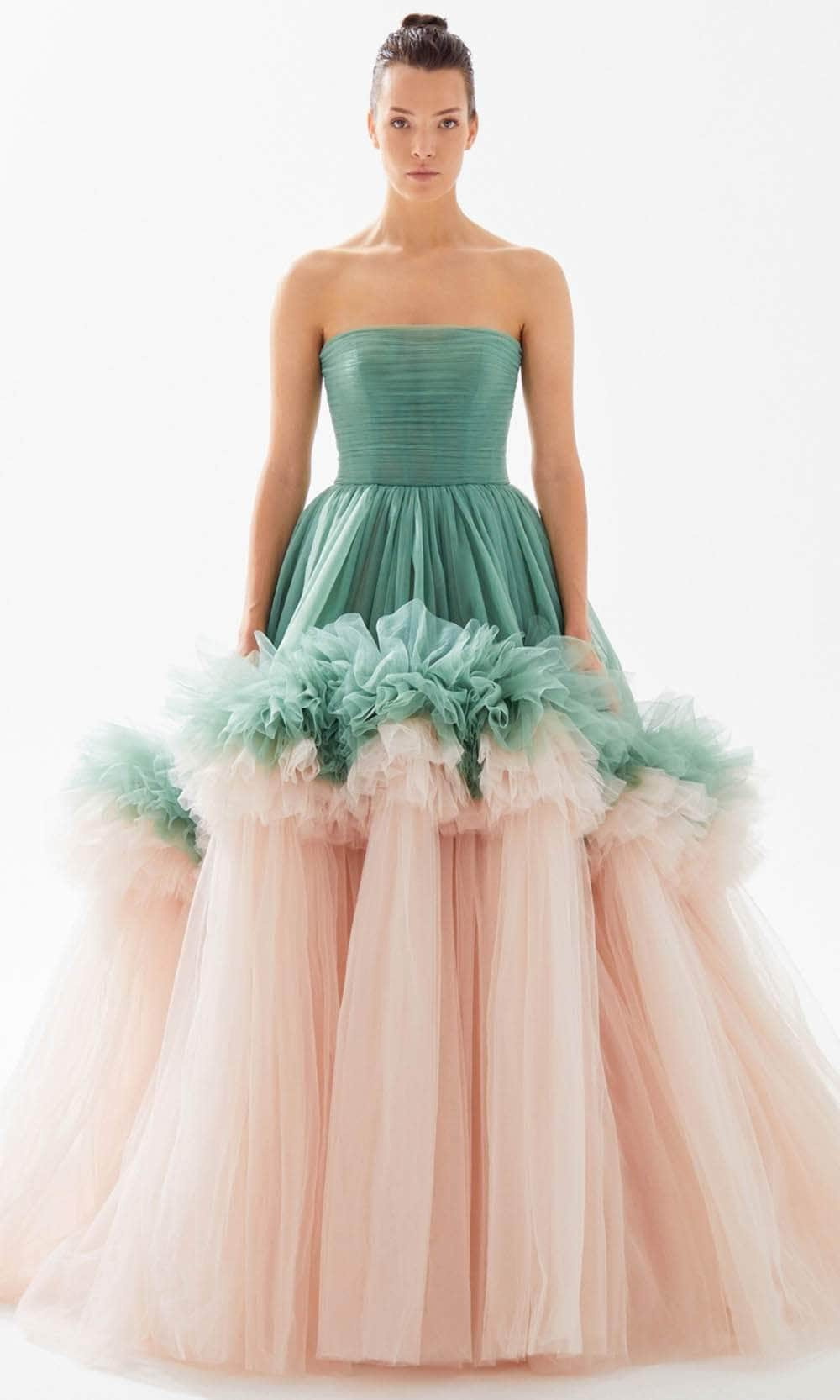 Tarik Ediz 98264 - Straples Ruffle Tier Ballgown Ball Gowns 00 / English Green/ Ice Pink