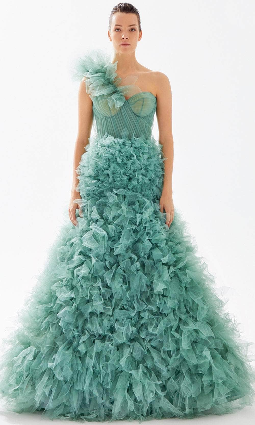 Tarik Ediz 98265 - Ruffled Tulle Evening Gown Evening Dresses 00 / English Green