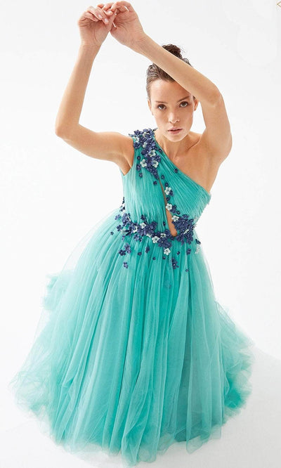 Tarik Ediz 98275 - Floral Appliqued Asymmetric Evening Dress Prom Dresses
