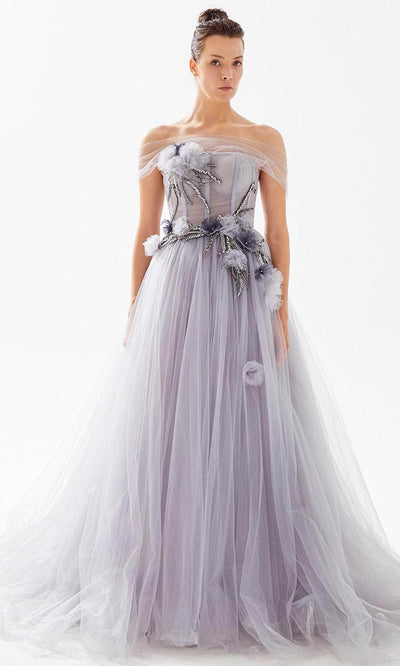 Tarik Ediz 98284 - Illusion Off-Shoulder Ballgown Ball Gowns 00 / Lilac Blue