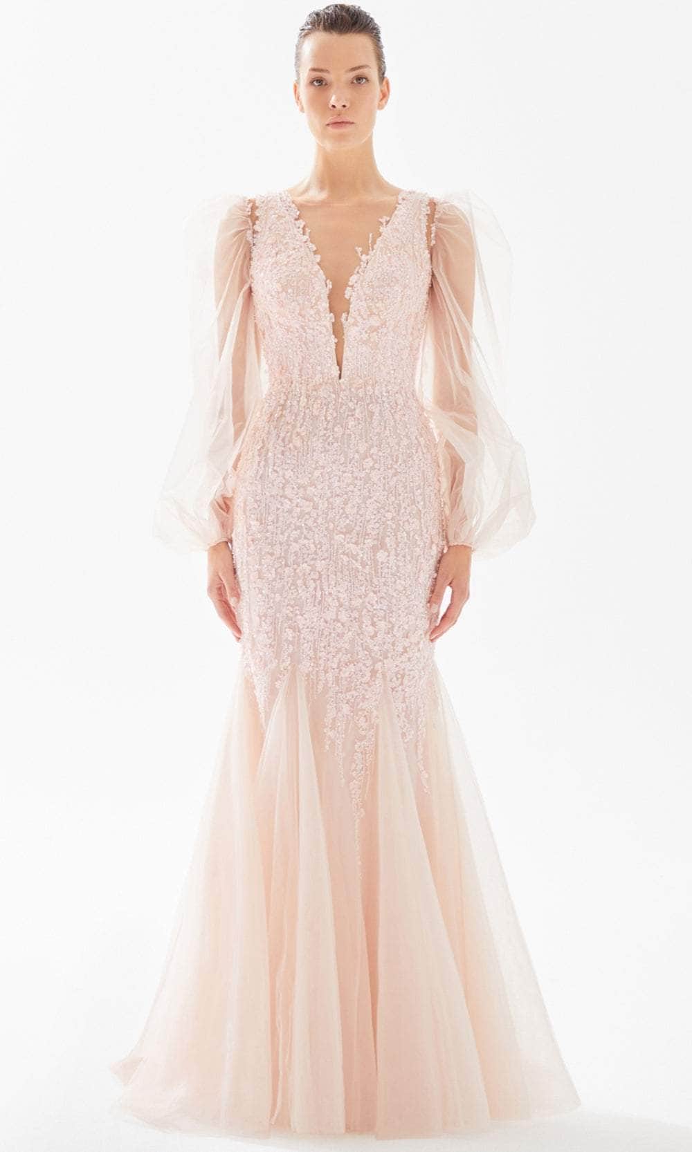 Tarik Ediz 98286 - V Neck Embellished Tulle Evening Dress Evening Dresses 00 / Ice Pink