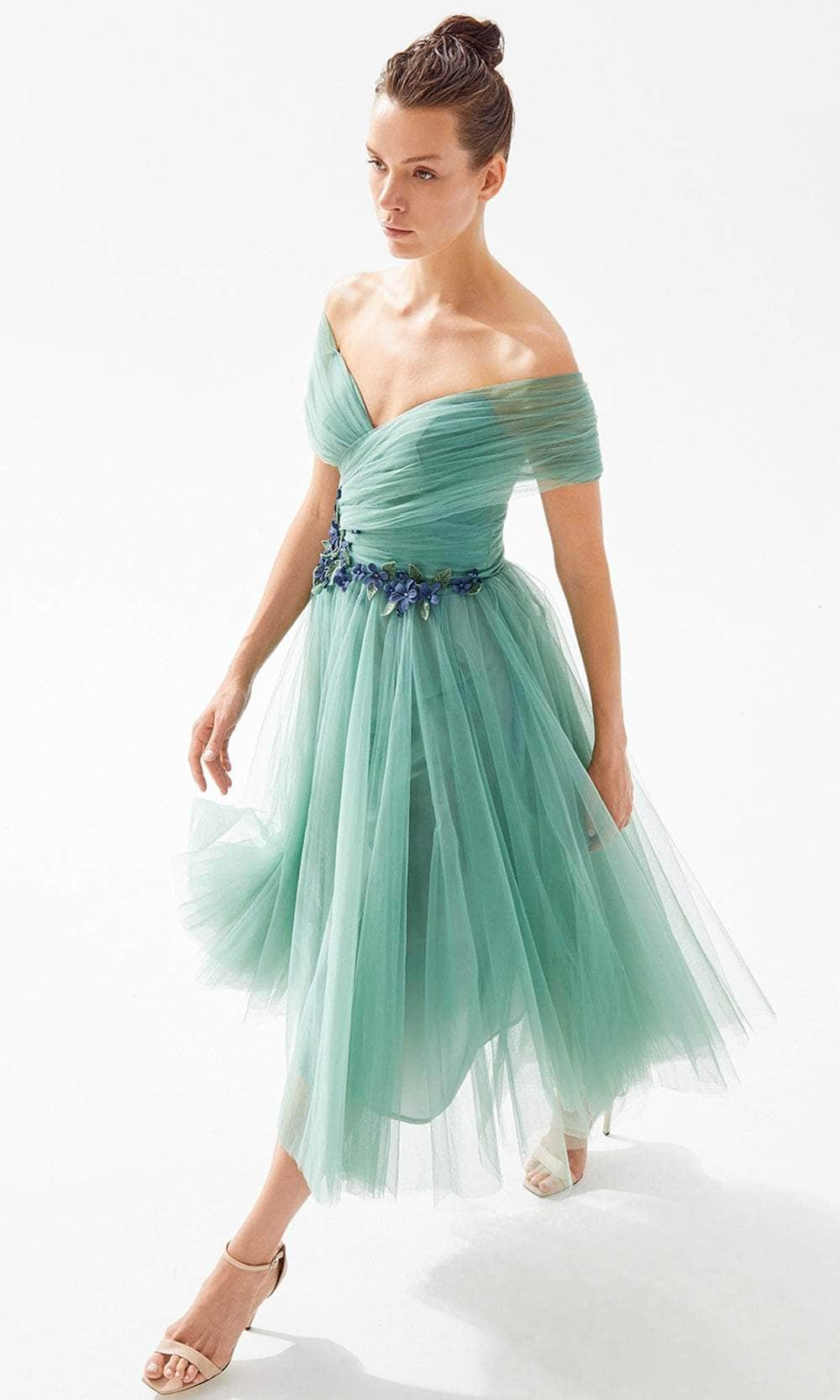 Tarik Ediz 98293 - Off Shoulder Tulle Tea-Length Dress Prom Dresses