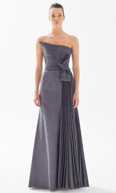 Tarik Ediz 98300 - Asymmetrical Pleated Evening Gown Evening Dresses 00 / Anthracite