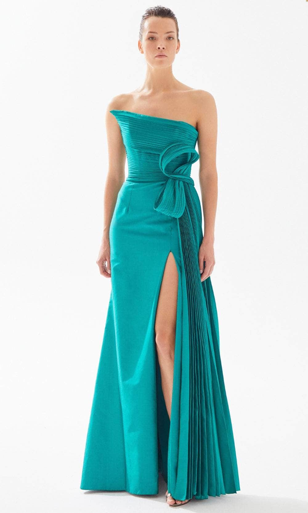 Tarik Ediz 98300 - Asymmetrical Pleated Evening Gown Evening Dresses 00 / Emerald