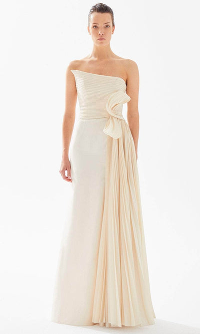 Tarik Ediz 98300 - Asymmetrical Pleated Evening Gown Evening Dresses 00 / Vanilla