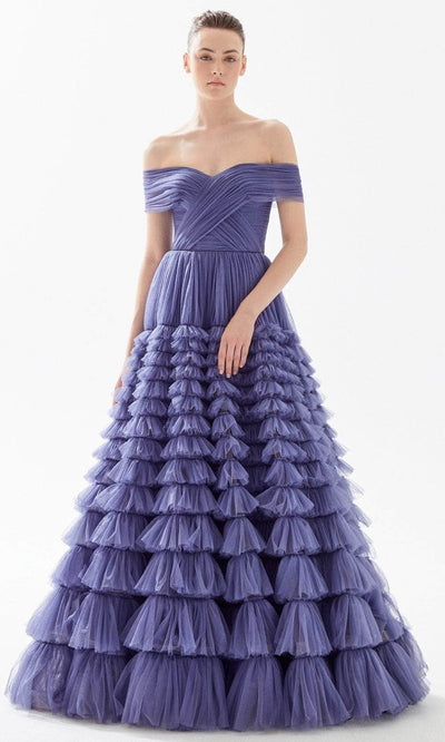 Tarik Ediz 98306 - Off Shoulder Tiered Tulle Evening Gown Evening Dresses 00 / Bijou Blue