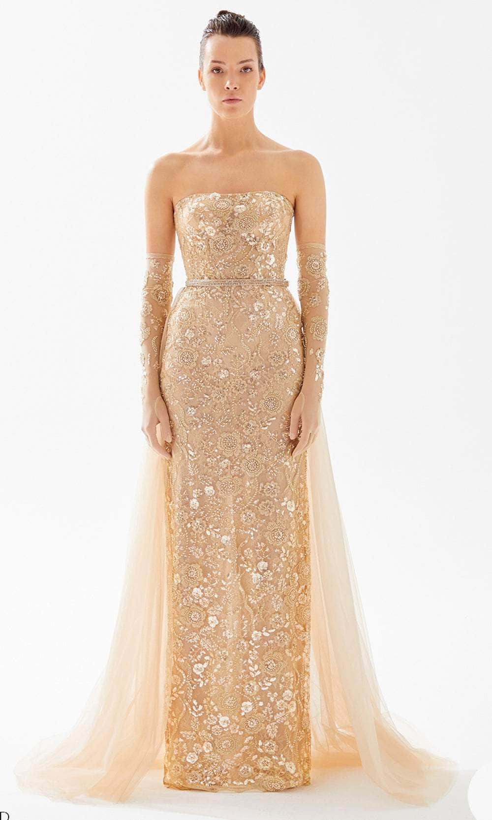 Tarik Ediz 98312 - Beaded Embroidered Lace Evening Gown Evening Dresses 00 / Gold