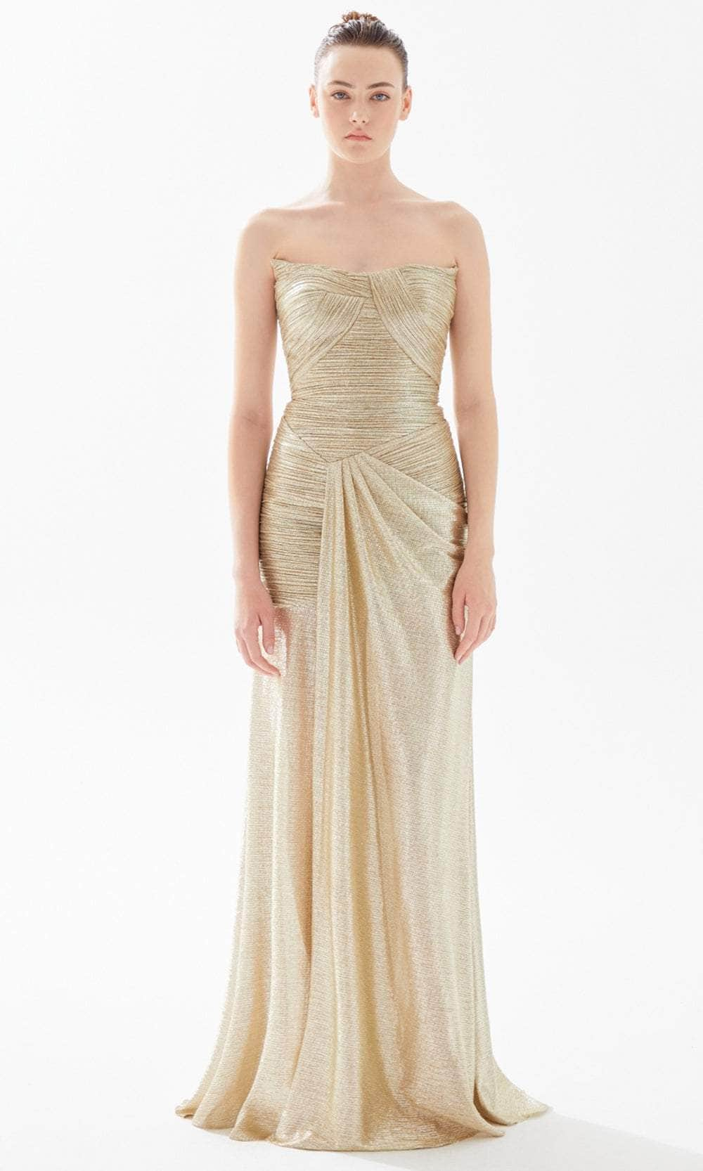 Tarik Ediz 98323 - Strapless Shimmer Trumpet Evening Gown Evening Dresses 00 / Gold