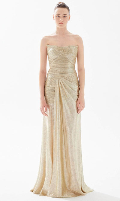 Tarik Ediz 98323 - Strapless Shimmer Trumpet Evening Gown Evening Dresses 00 / Gold